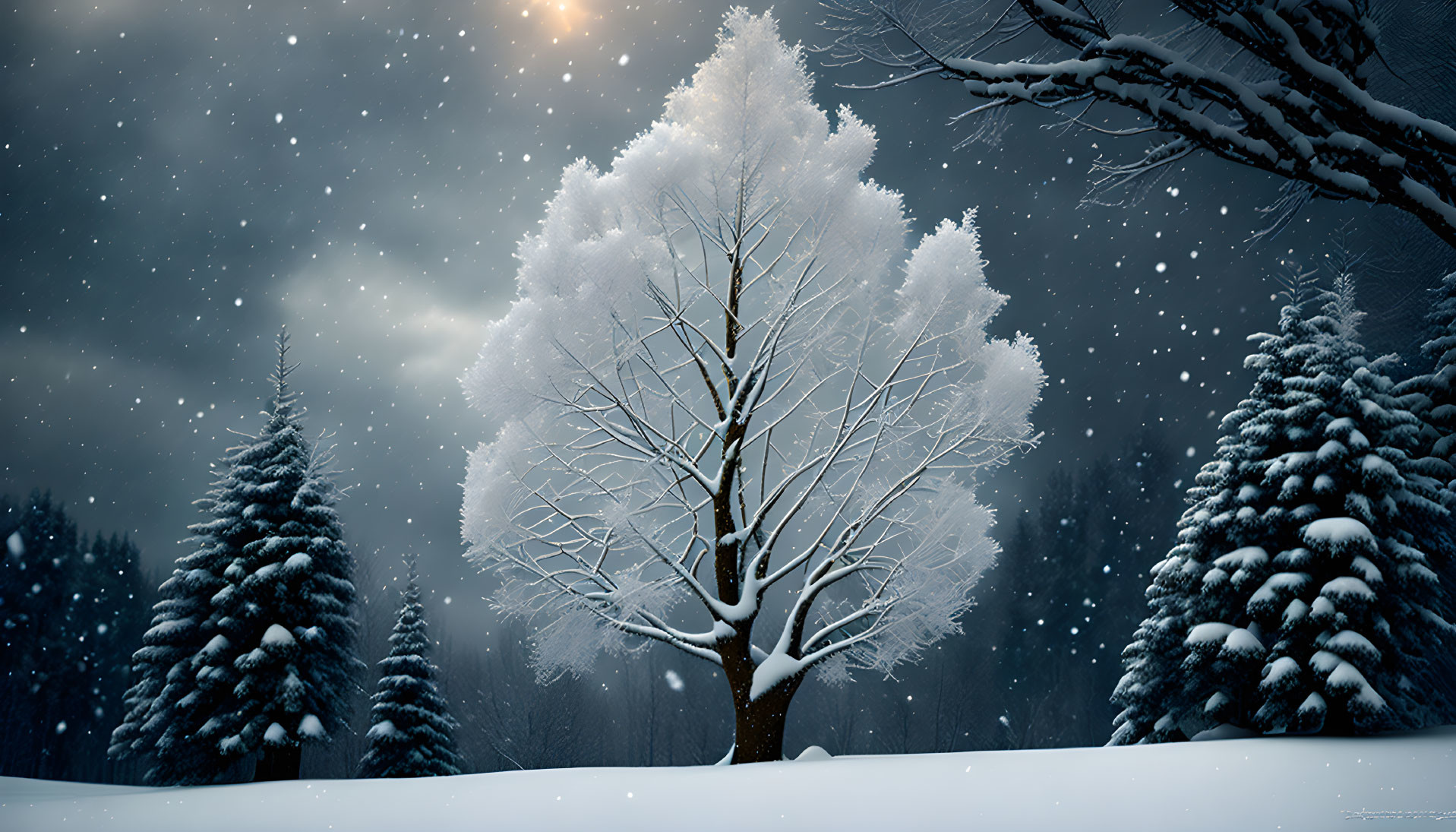 Snow-covered trees in serene winter night scene with falling snowflakes