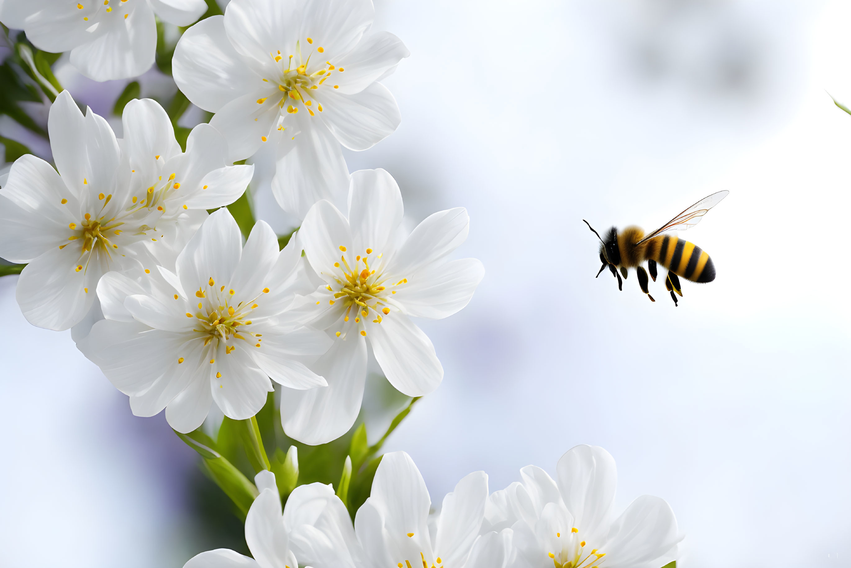 Bee flying near white blossoms with yellow centers on blue and white background