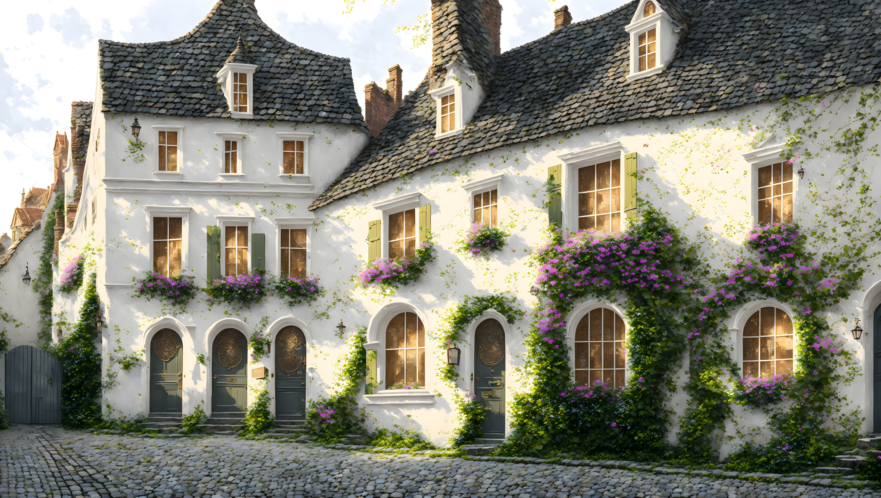 European-style Stone Houses with Ivy and Flowering Vines on Cobblestone Street
