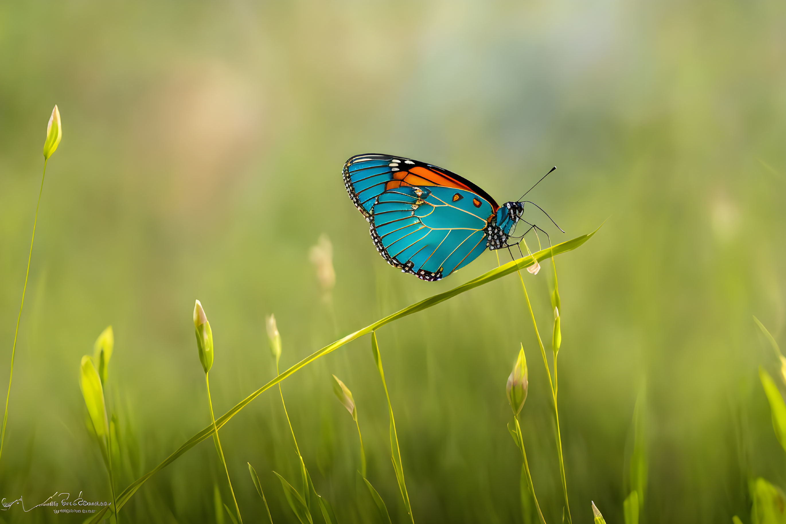 Colorful blue butterfly with orange and black spots on green stem in blurred background