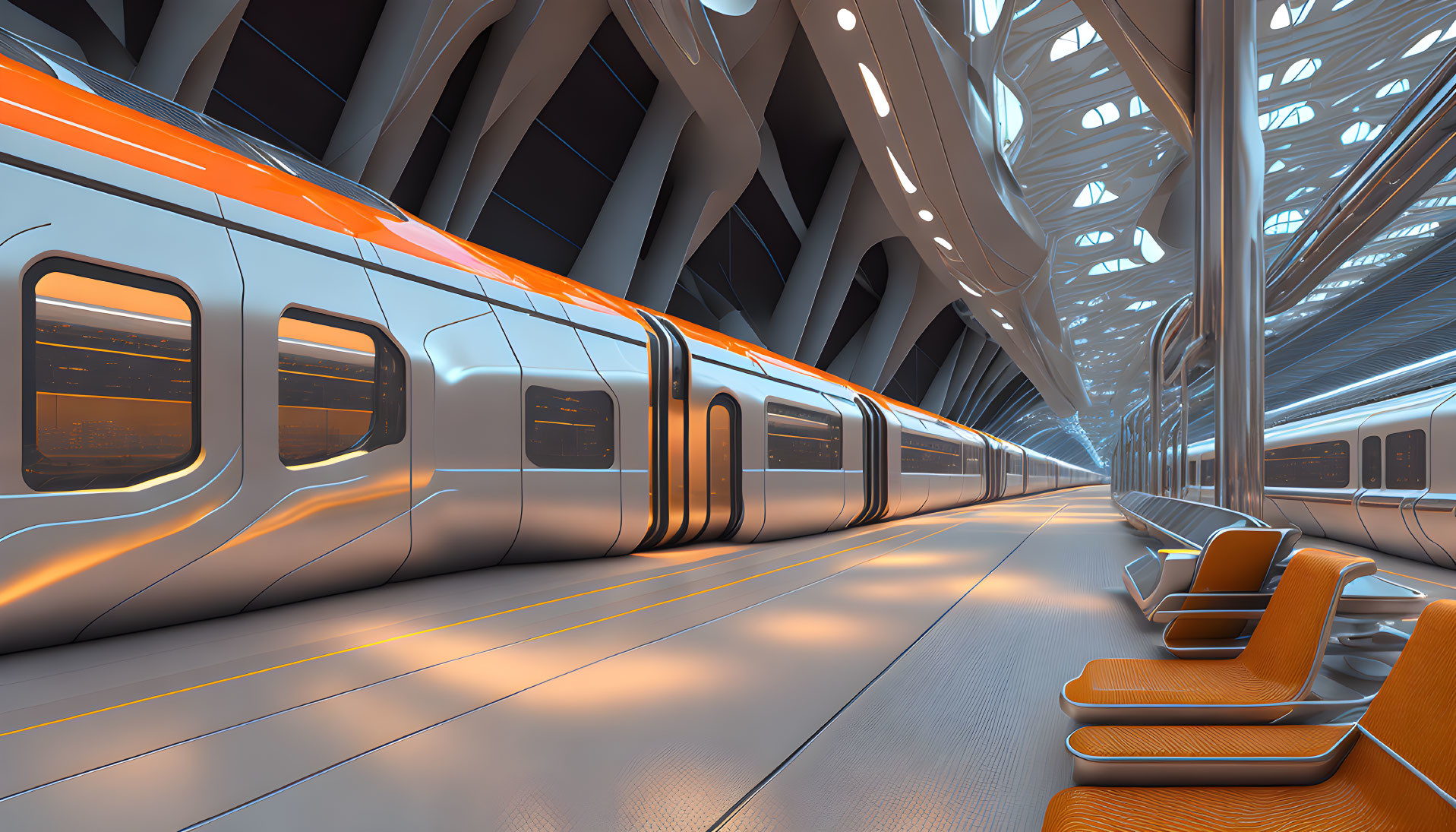 Futuristic orange and white train at modern, brightly-lit platform