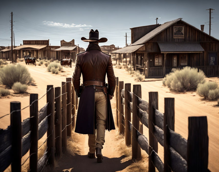 Cowboy in Western town with wooden buildings and dusty road