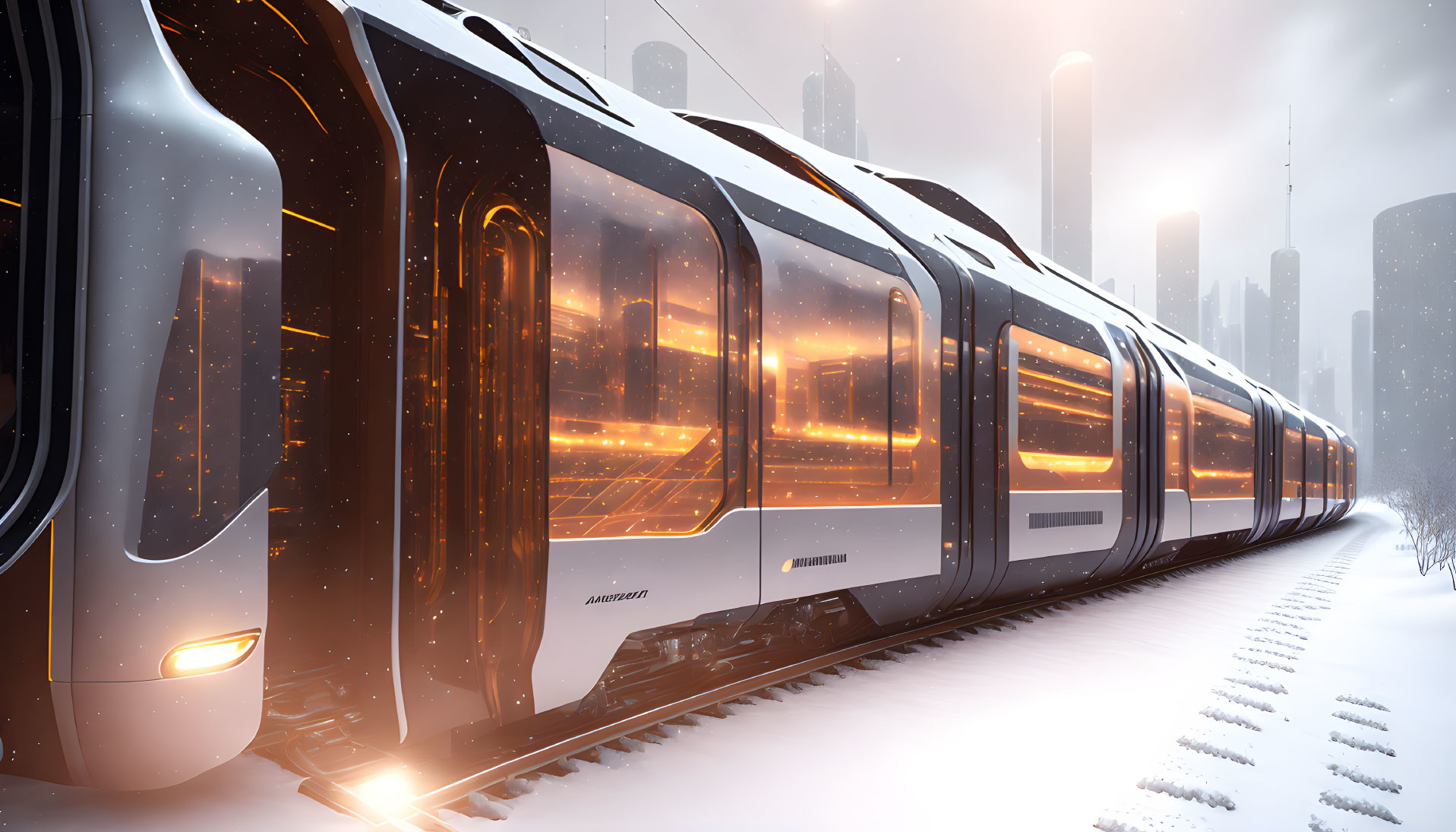 Sleek futuristic train in snowy urban landscape with skyscrapers