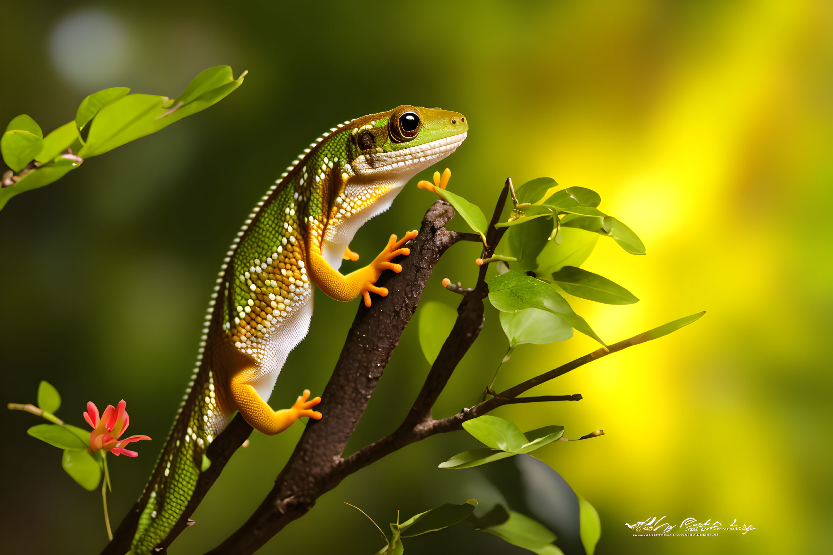 Colorful Gecko on Branch with Orange Feet Among Green Leaves and Red Flowers