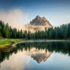 Snow-capped mountains, reflective lake, cabin: serene twilight landscape