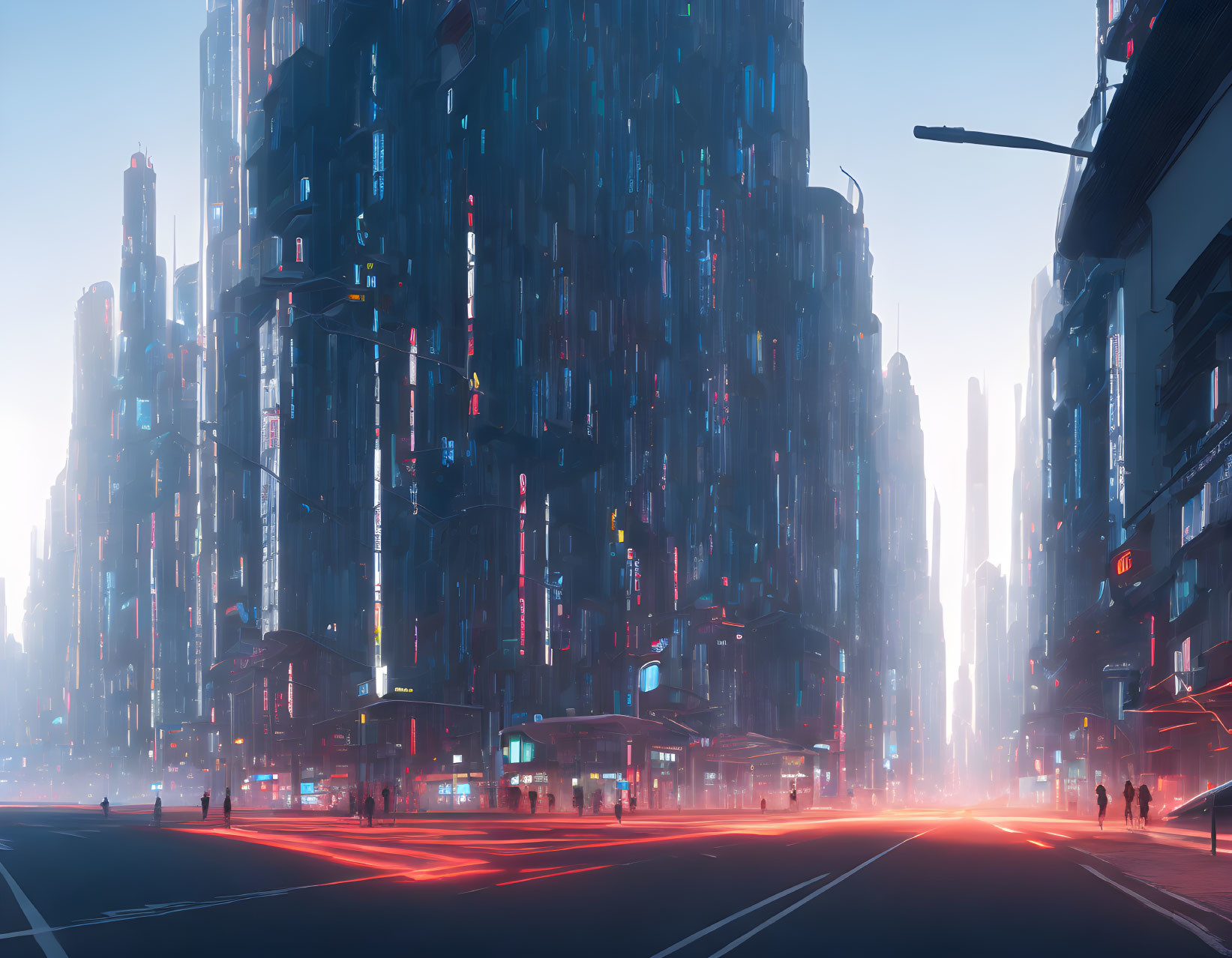 Futuristic twilight cityscape with skyscrapers, neon lights, and crossroad scene