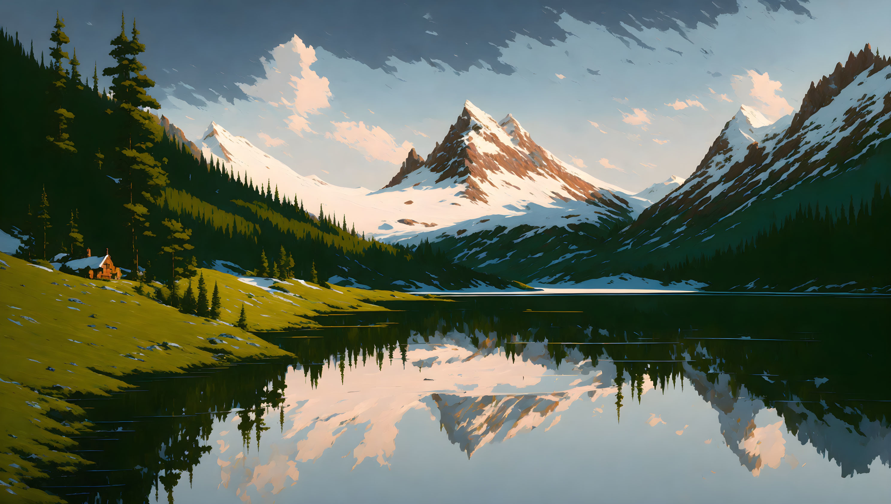 Snow-capped mountains, reflective lake, cabin: serene twilight landscape