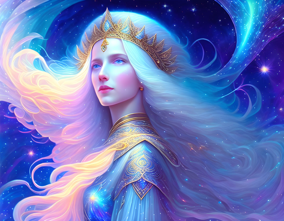 Ethereal woman with white hair and golden crown in cosmic scene