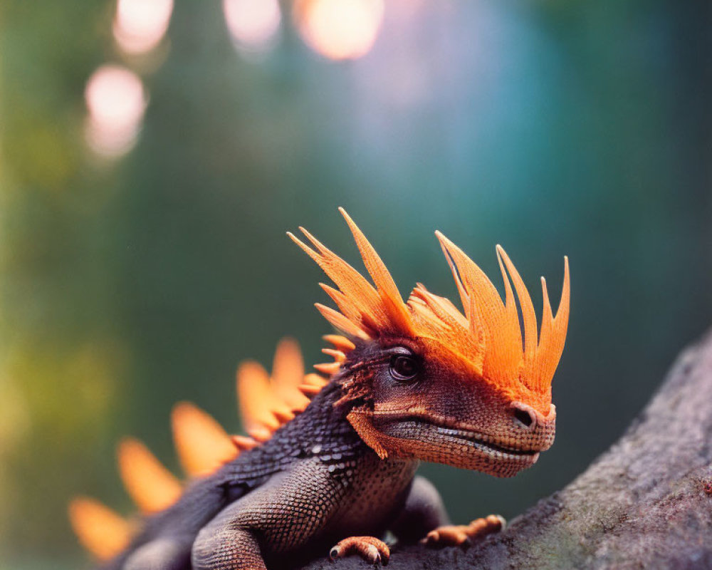 Orange Crested Lizard on Tree Branch with Soft Green Background and Bokeh Light