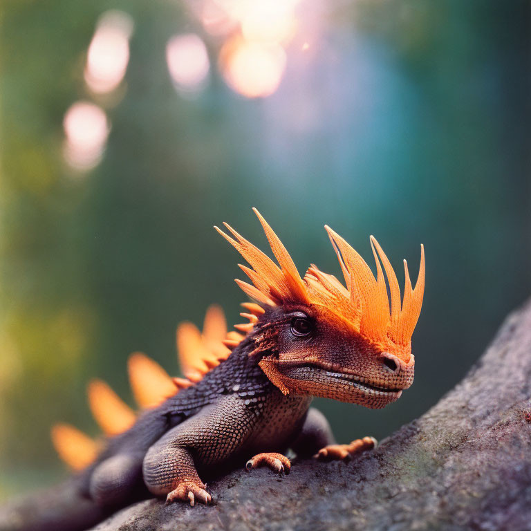 Orange Crested Lizard on Tree Branch with Soft Green Background and Bokeh Light