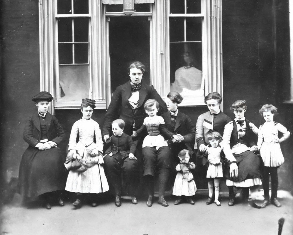 Vintage Black and White Family Photo with Man, Woman, and Children