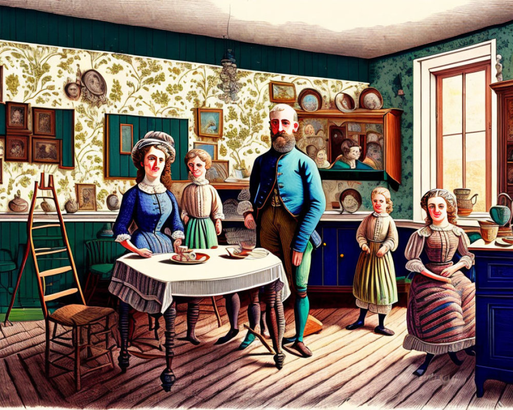 Vintage family scene illustration with four figures in period attire in a decorated room.