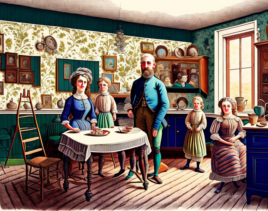 Vintage family scene illustration with four figures in period attire in a decorated room.