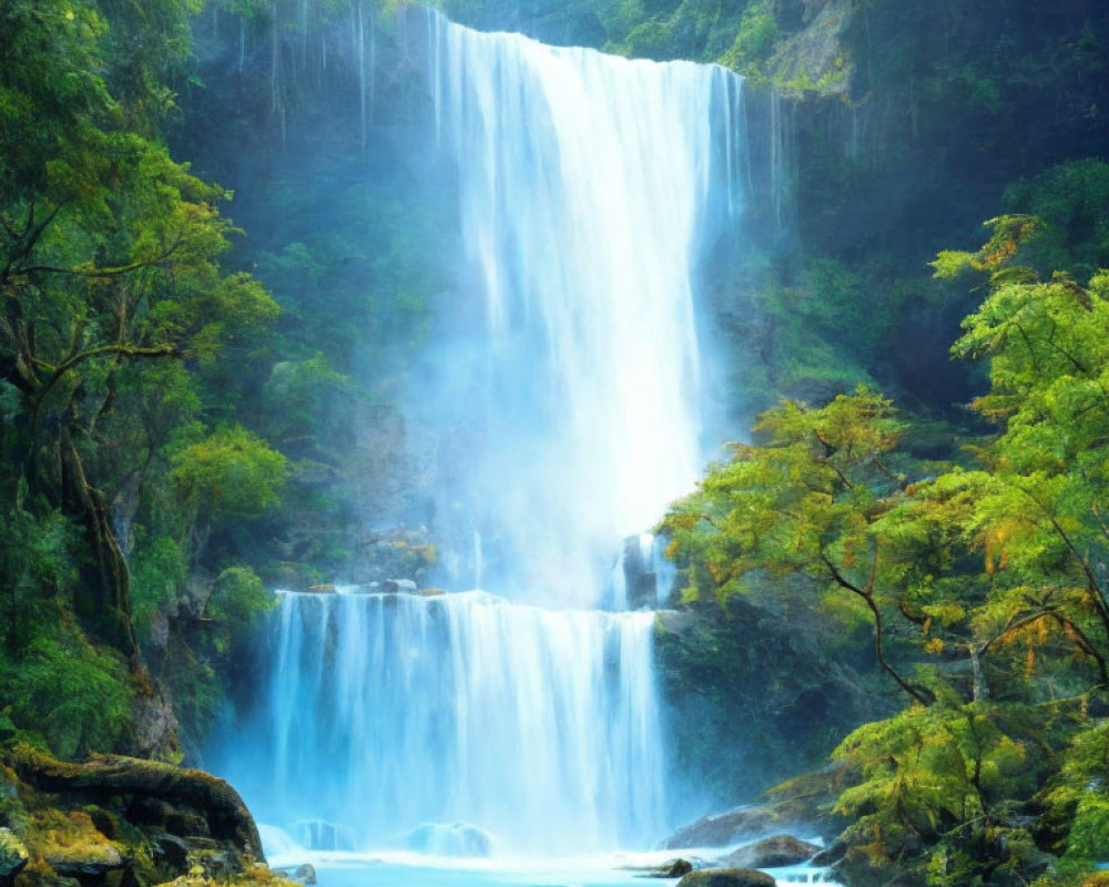 Majestic two-tiered waterfall in lush greenery with sunlit mist.