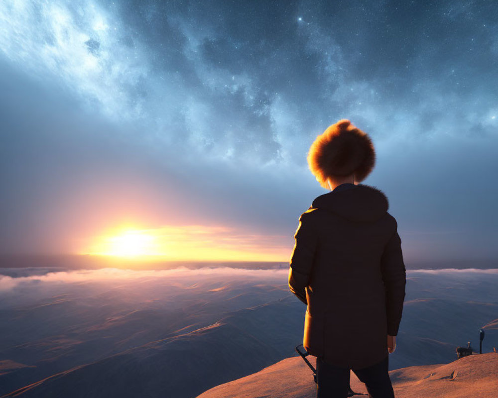 Person on mountaintop views sunrise above clouds under starry sky