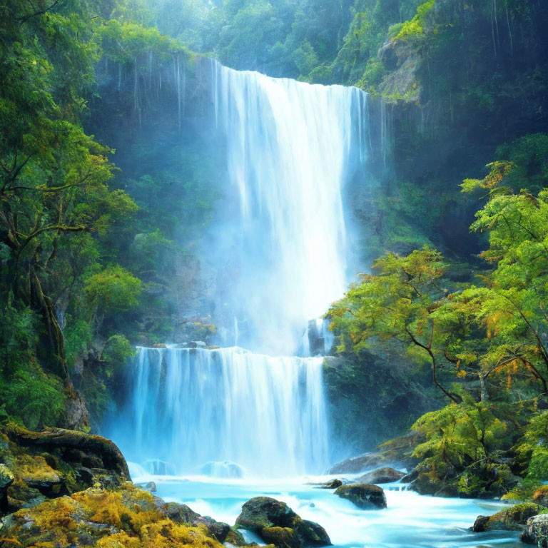 Majestic two-tiered waterfall in lush greenery with sunlit mist.