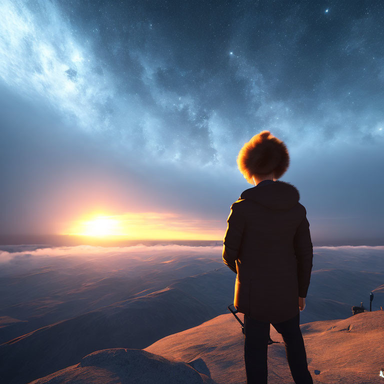 Person on mountaintop views sunrise above clouds under starry sky