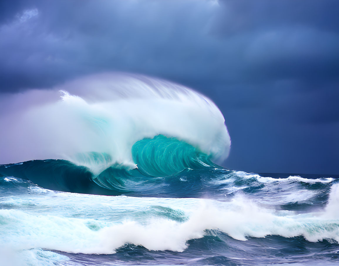 Turquoise Wave Cresting Against Stormy Skies