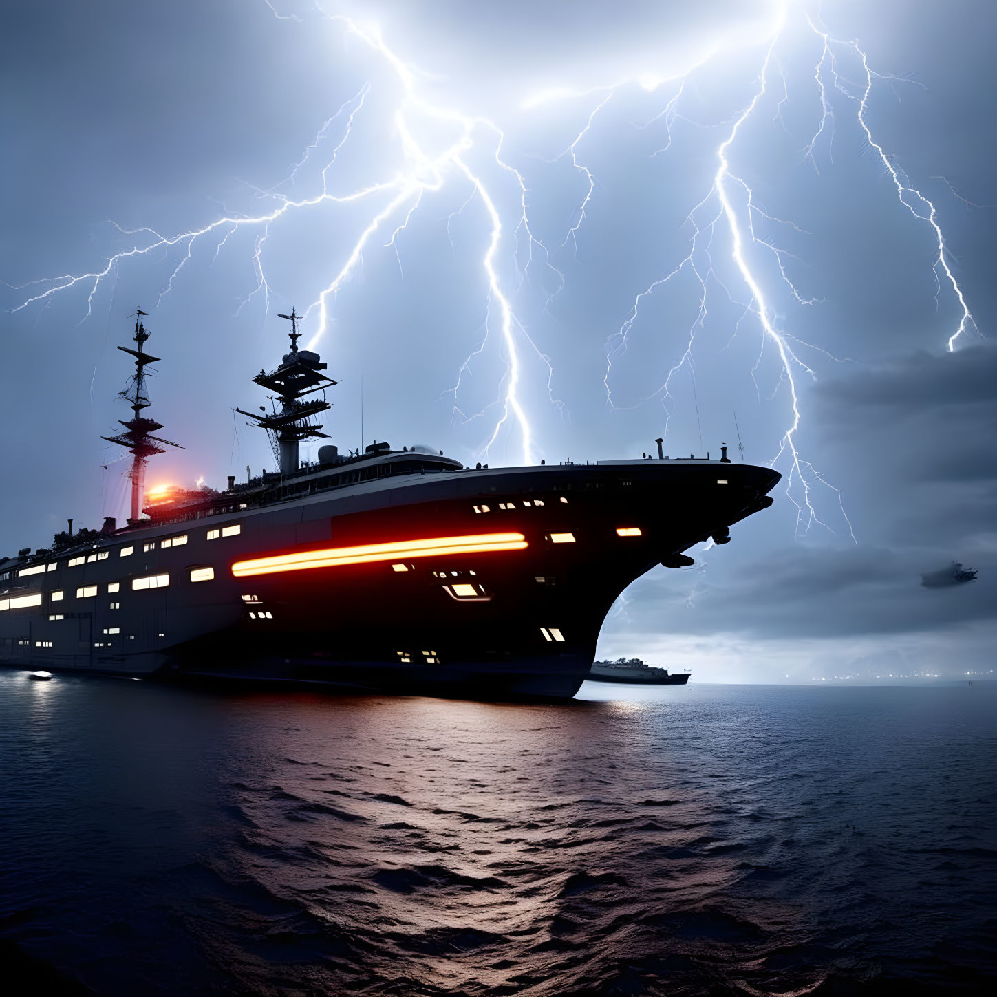 Large navy ship in stormy night with lightning strikes.