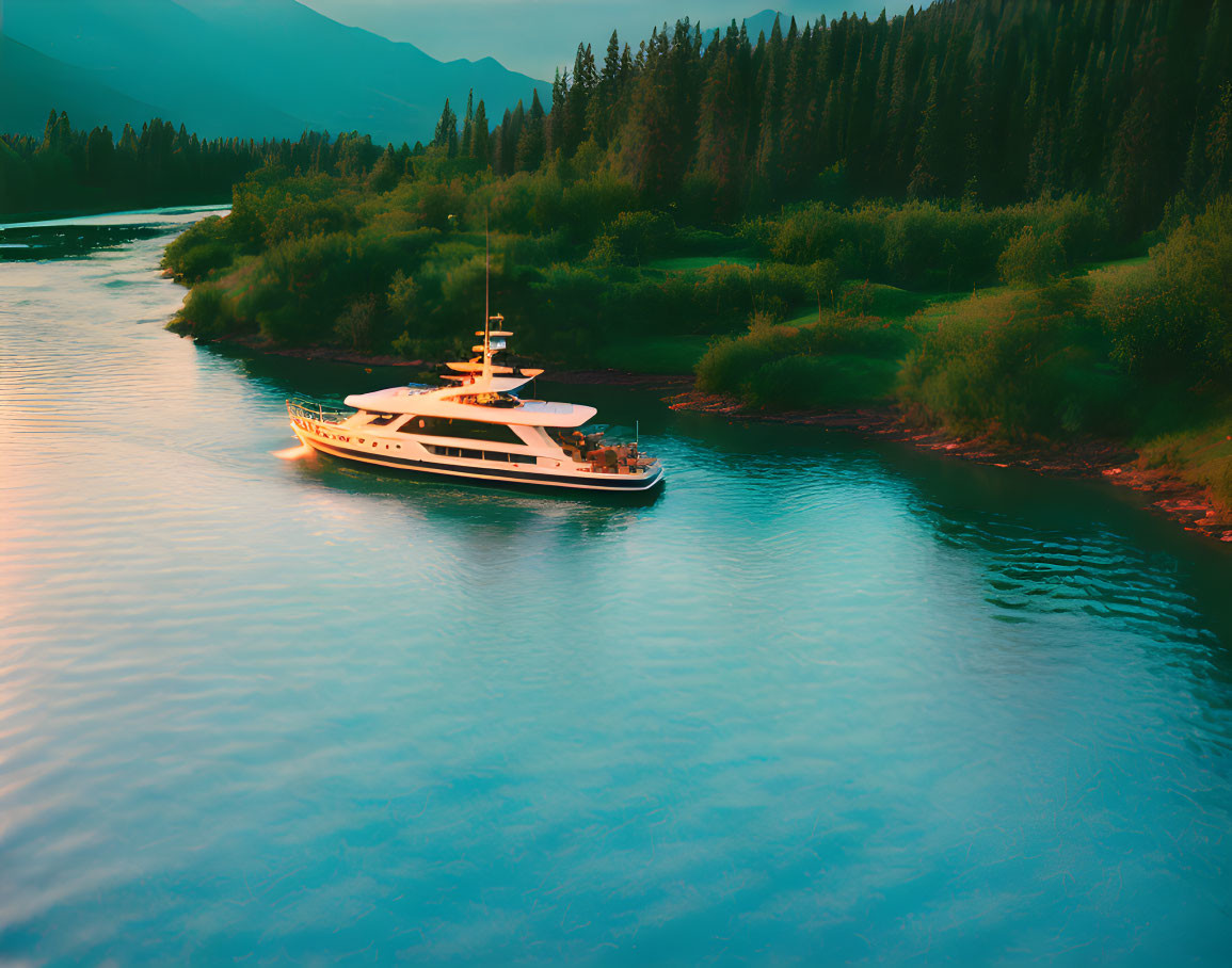 Luxurious yacht sailing on serene river at golden sunset