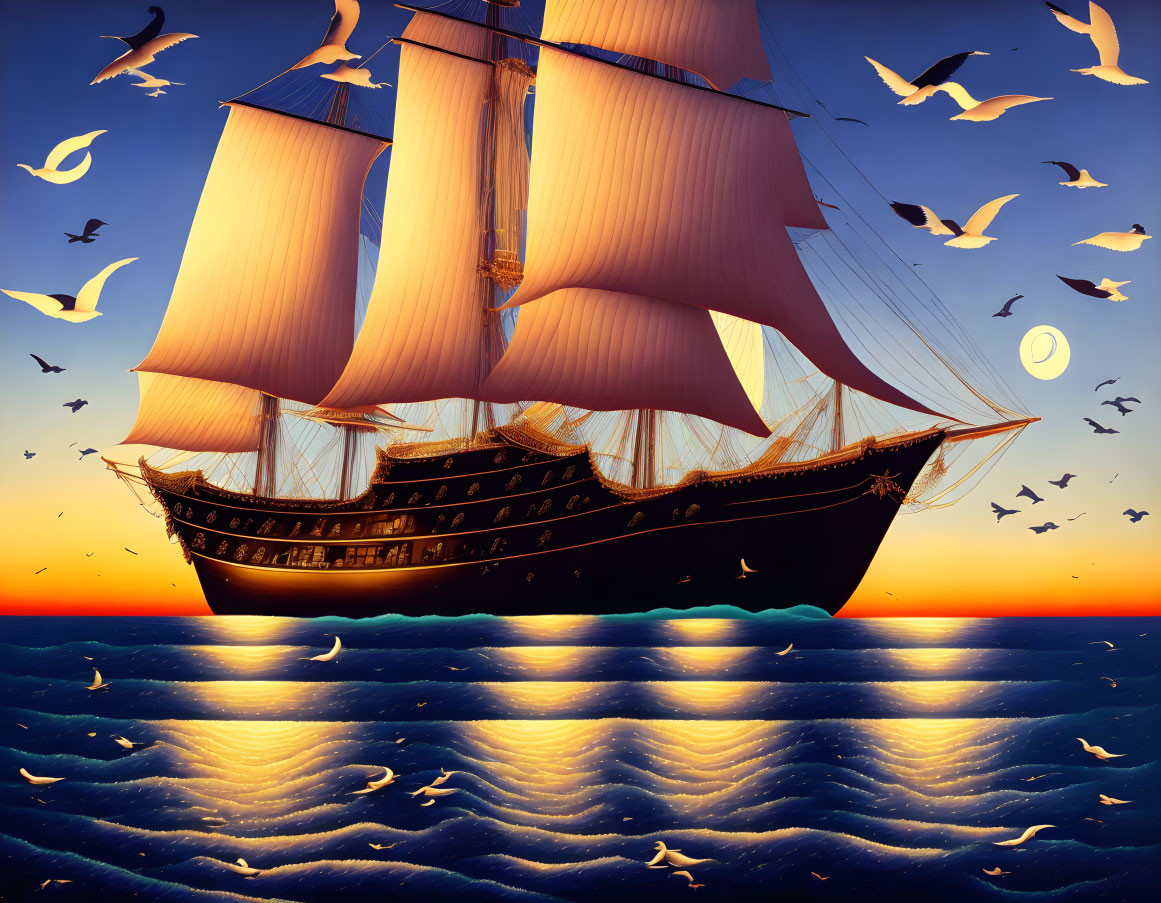 Sailing tall ship at sunset with full sails, birds, moon in serene sky