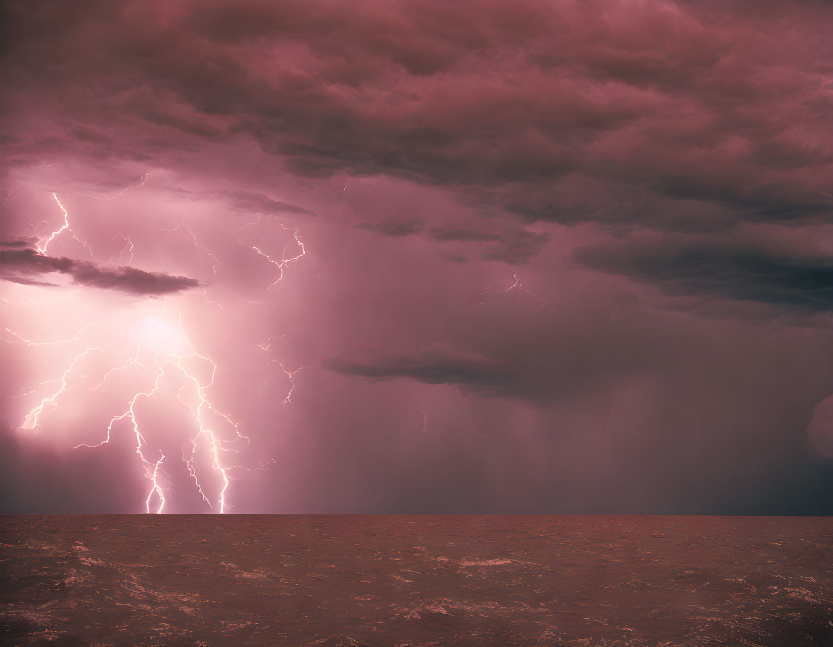 Dramatic landscape with lightning strikes under stormy sky