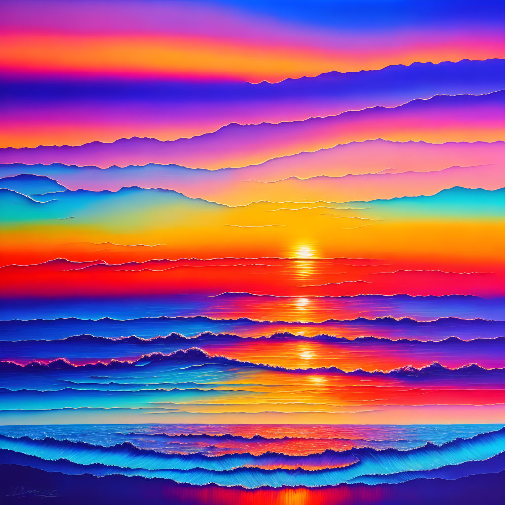 Colorful layered landscape with wavy patterns and radiant sun reflected on water