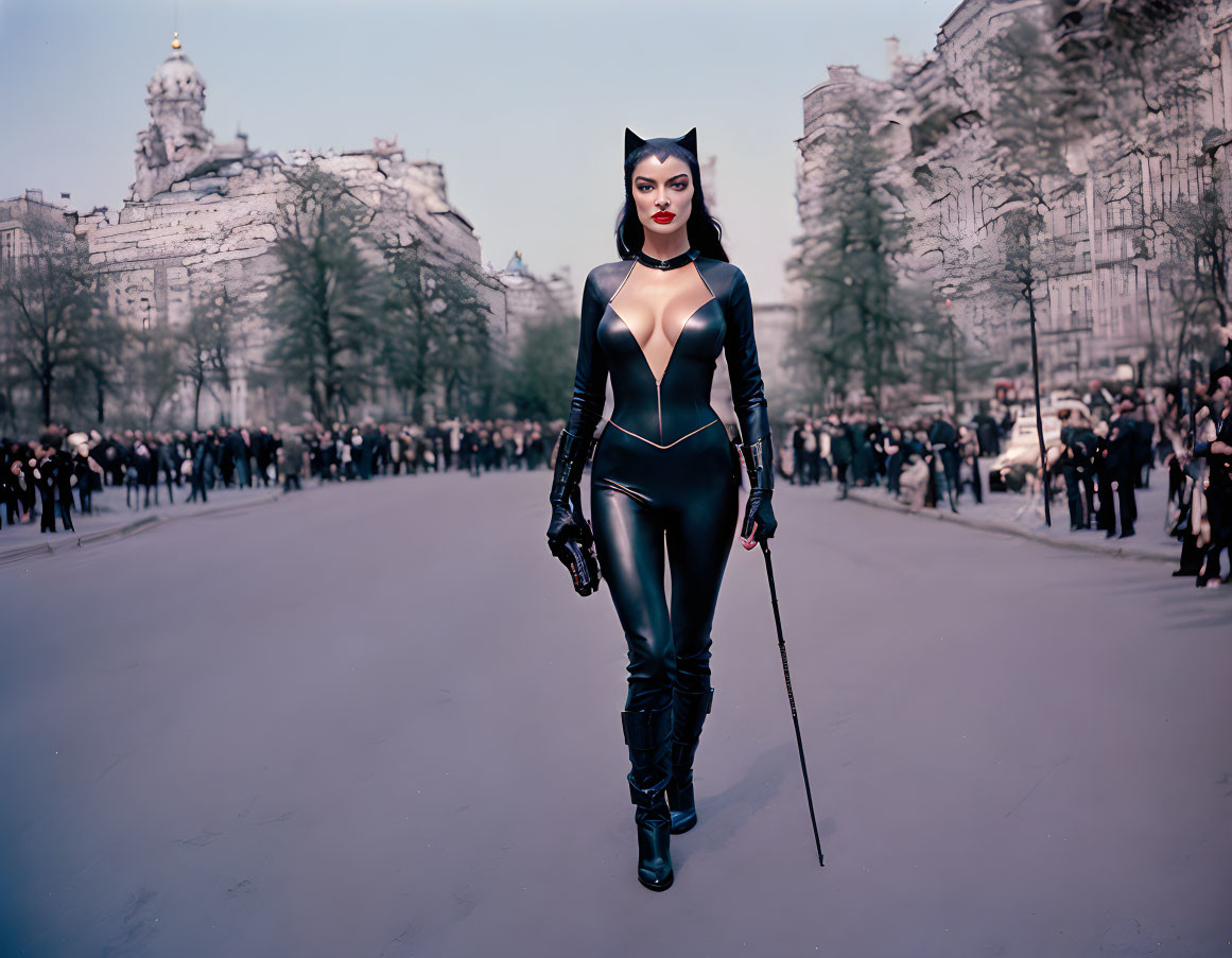 Person in Catwoman Costume with Whip on City Street with Onlookers