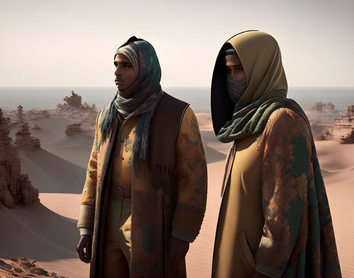 Traditional Attire Individuals in Desert Landscape