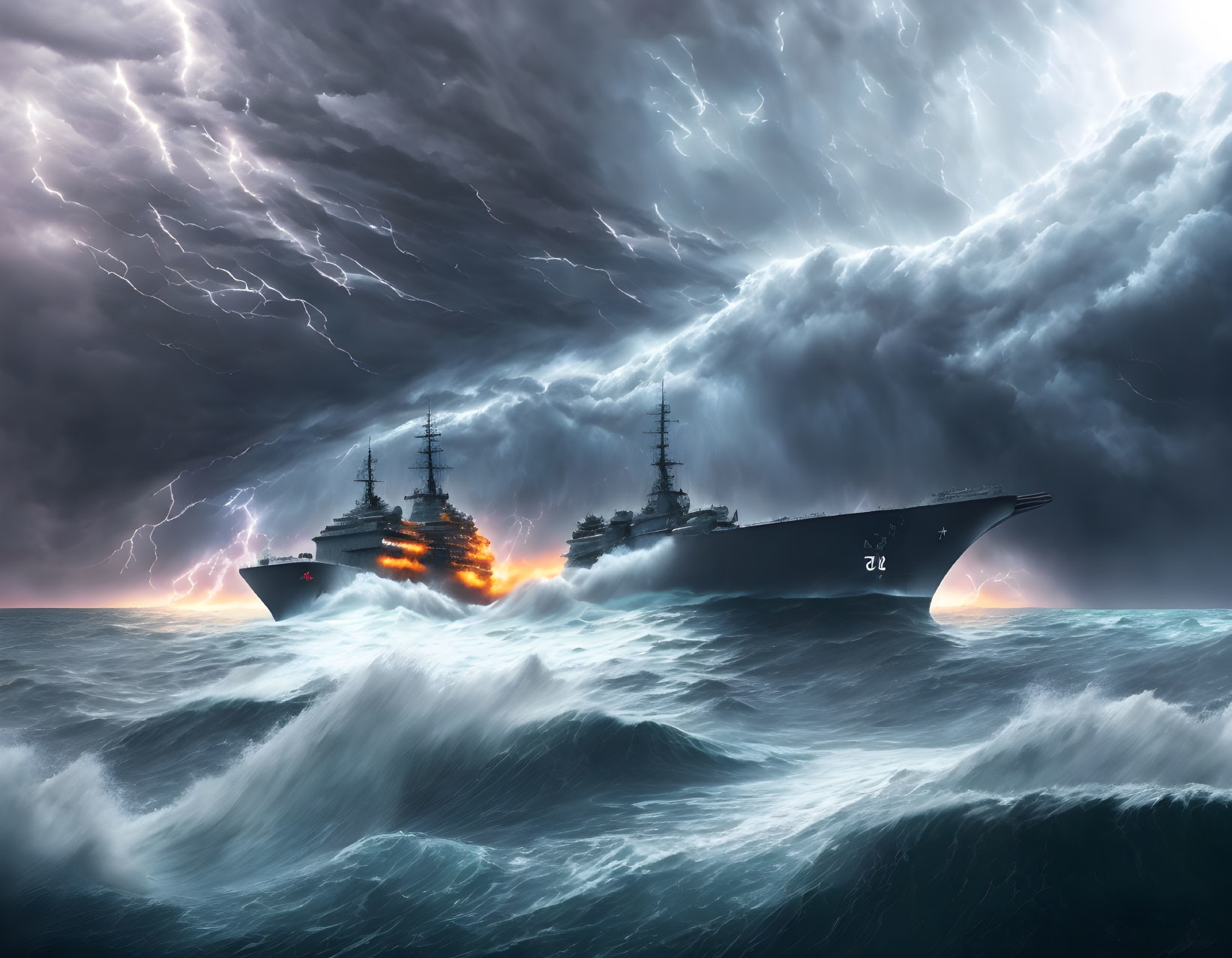 Naval ships in stormy sea with lightning in dark sky