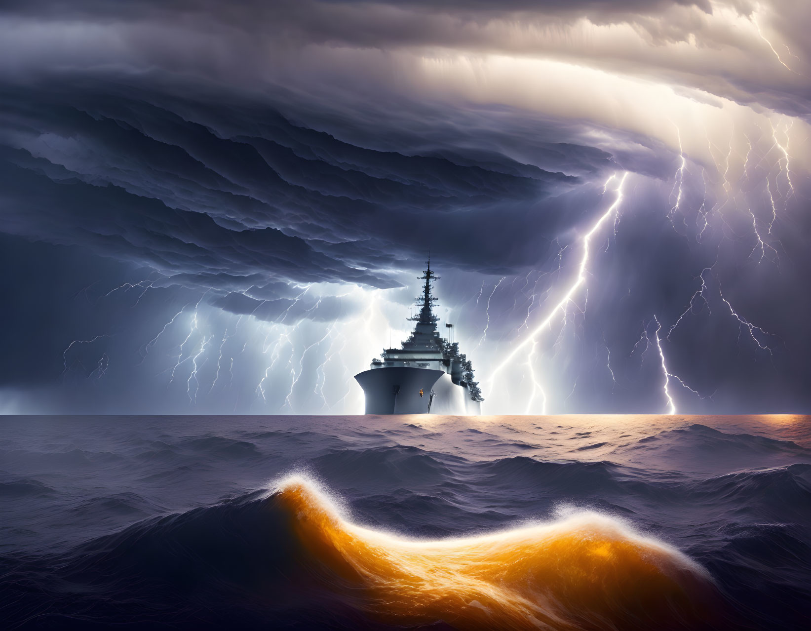 Stormy seas with lightning over battleship