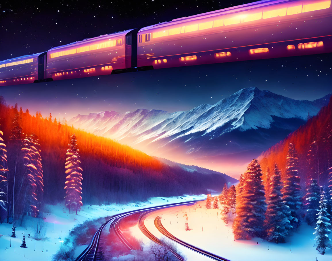 Futuristic train in snowy mountain landscape at dusk