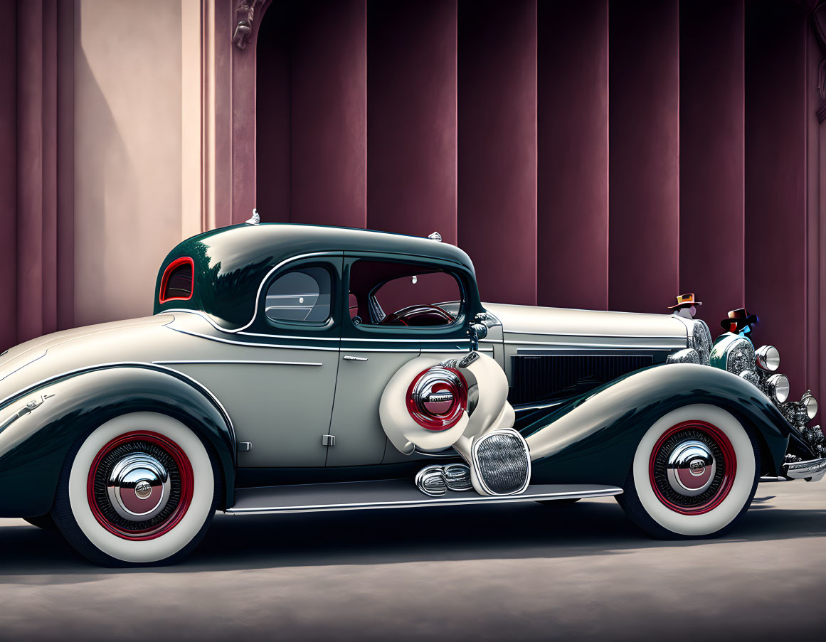 Classic Vintage Car with White and Dark Accents and Red-Rimmed Tires parked near Maroon