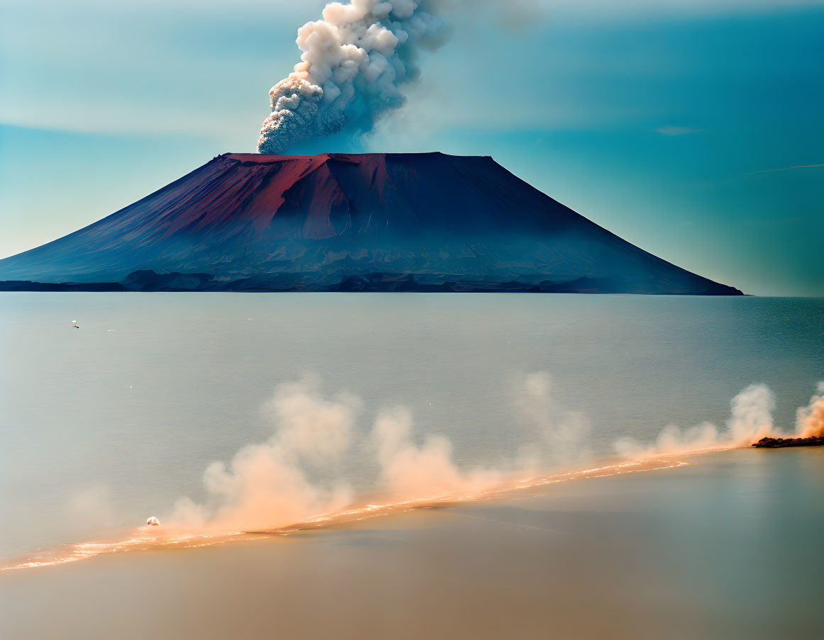 Volcano erupts with smoke and ash over serene water landscape.