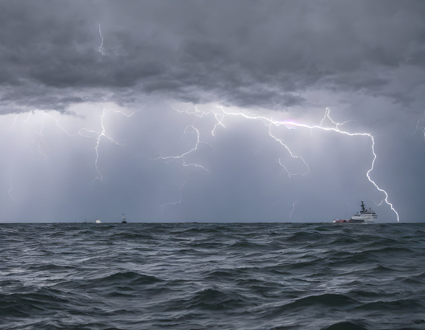 Stormy Seascape with Lightning Strikes and Ship