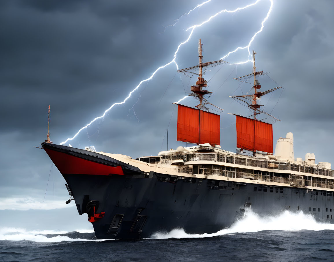 Stormy Seas: Large Ship with Red Sails Battling Lightning-Filled Sky