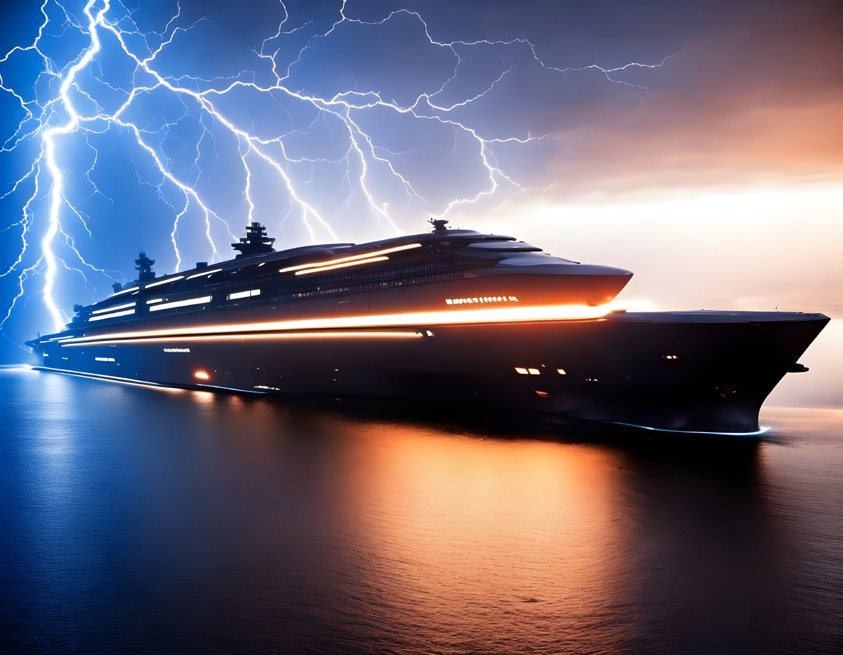 Luxurious yacht sailing at night in stormy weather with lightning bolts.