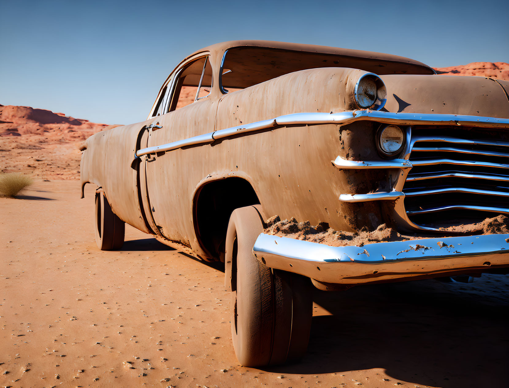 Abandoned Vintage Car in Desert with Red Sand and Blue Sky