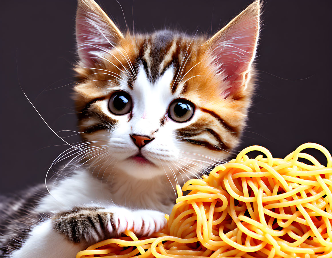 Striking Markings on Curious Kitten Behind Yellow Spaghetti