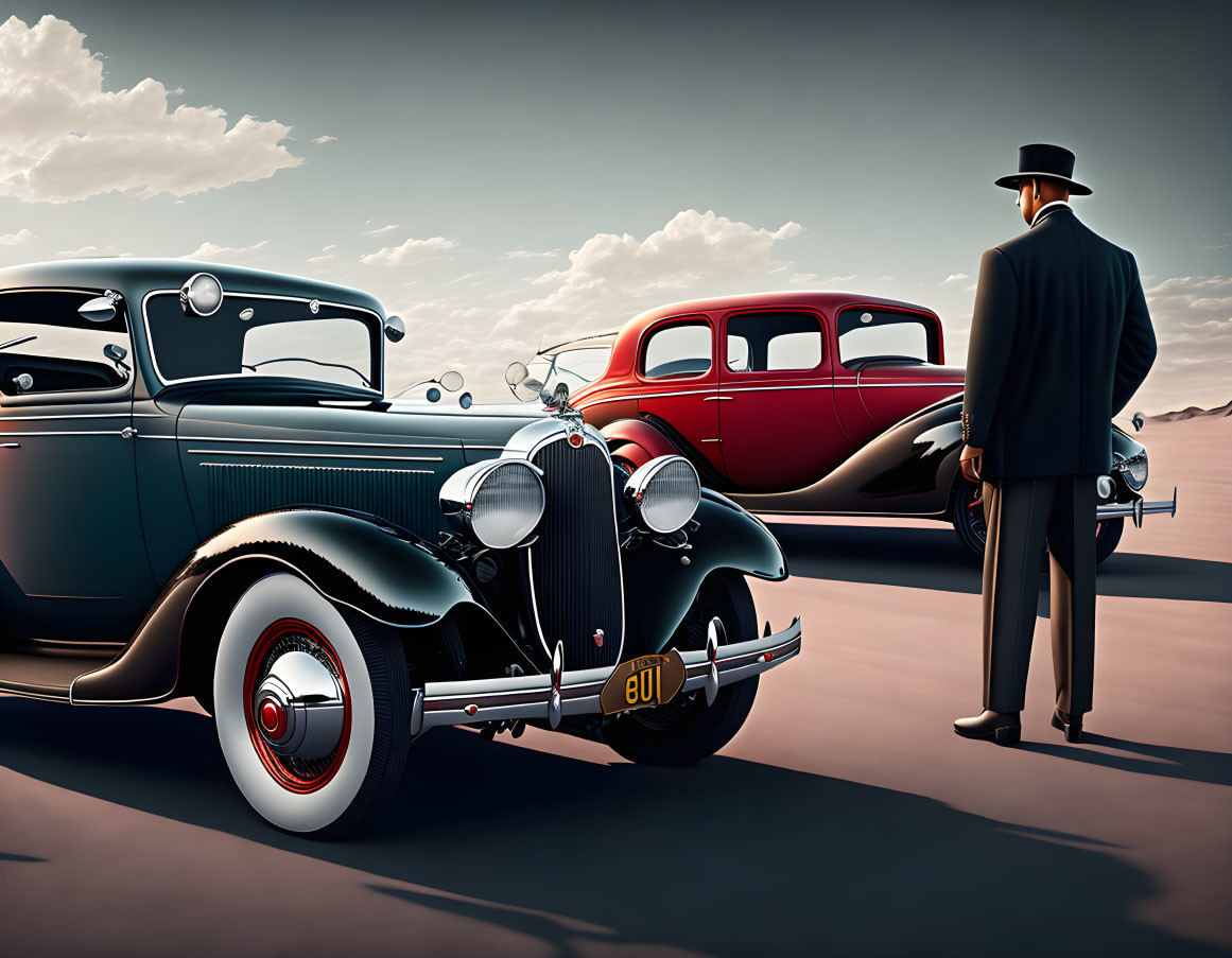 Man in suit and hat by vintage cars on desert road, looking at horizon