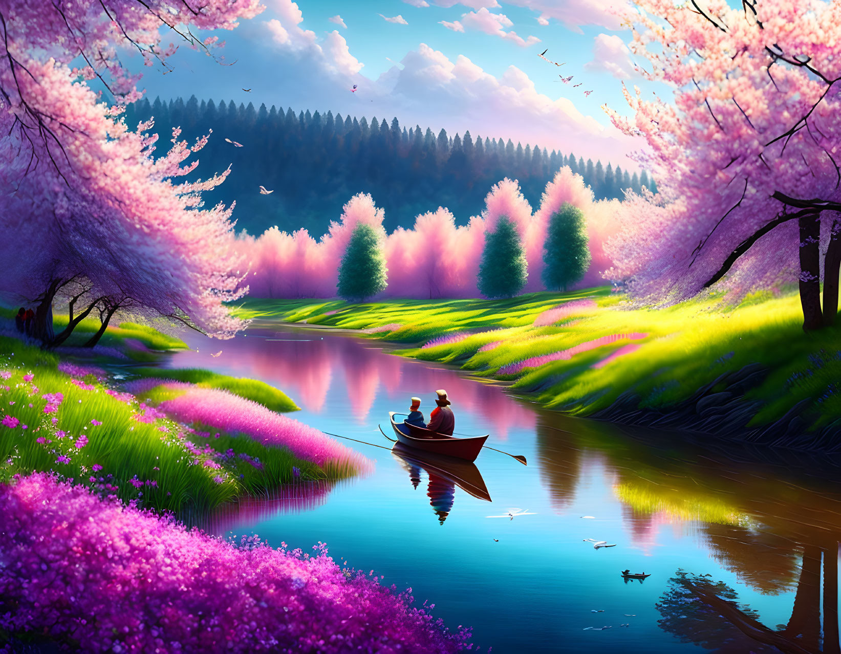 Tranquil river scene with rowing person and blooming trees