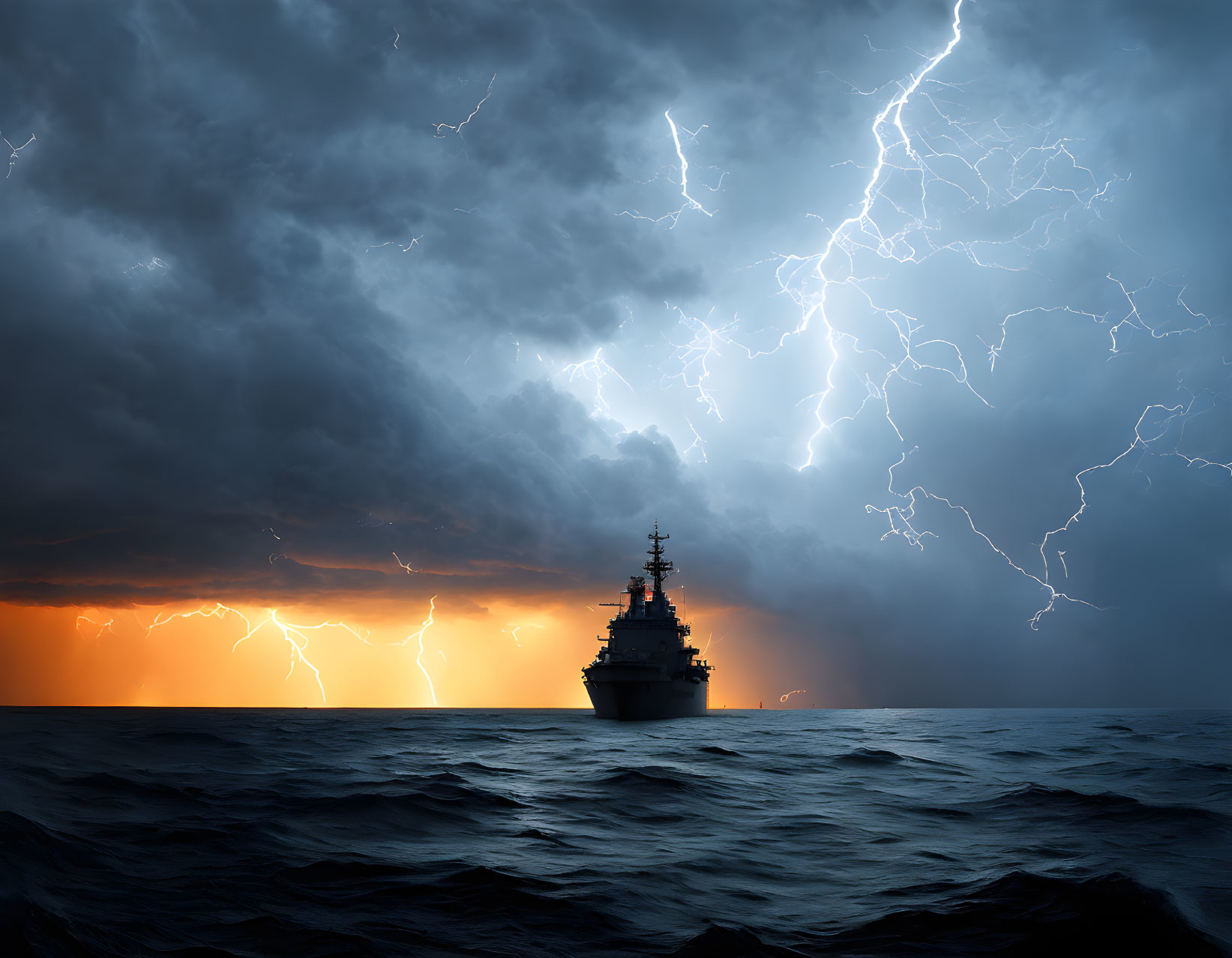 Warship navigating stormy seas under dramatic sky with lightning and fiery horizon