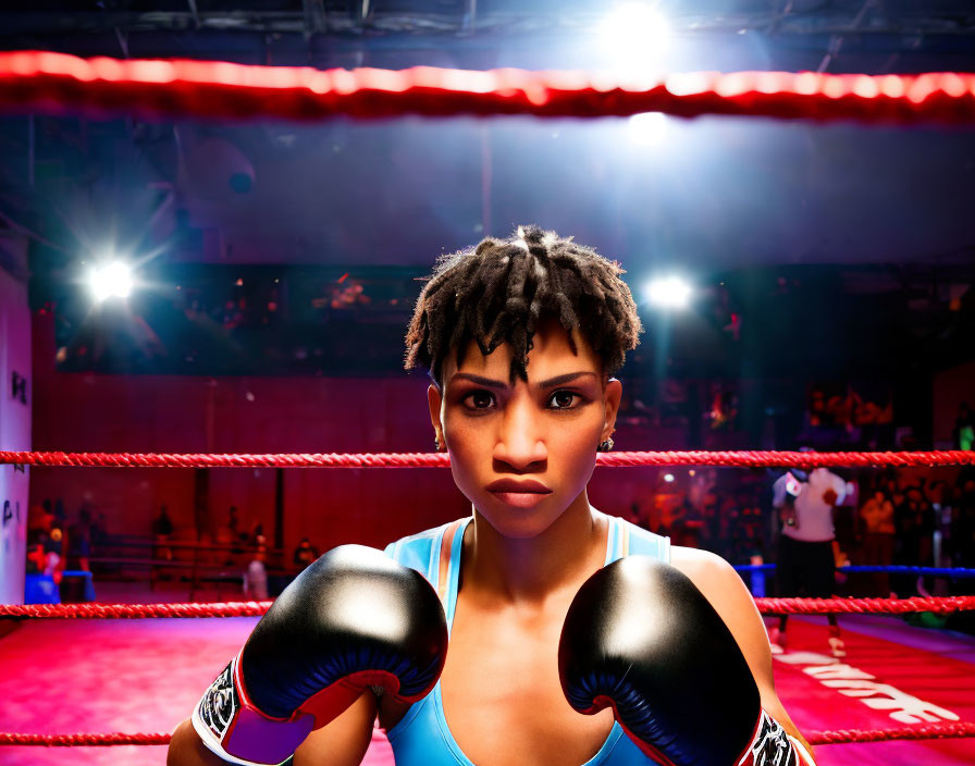 Female boxer in the ring under bright lights ready for a match