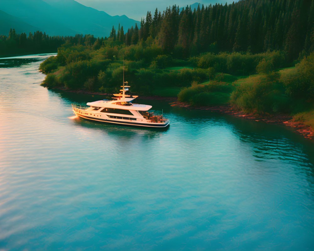 Luxurious yacht sailing on serene river at golden sunset