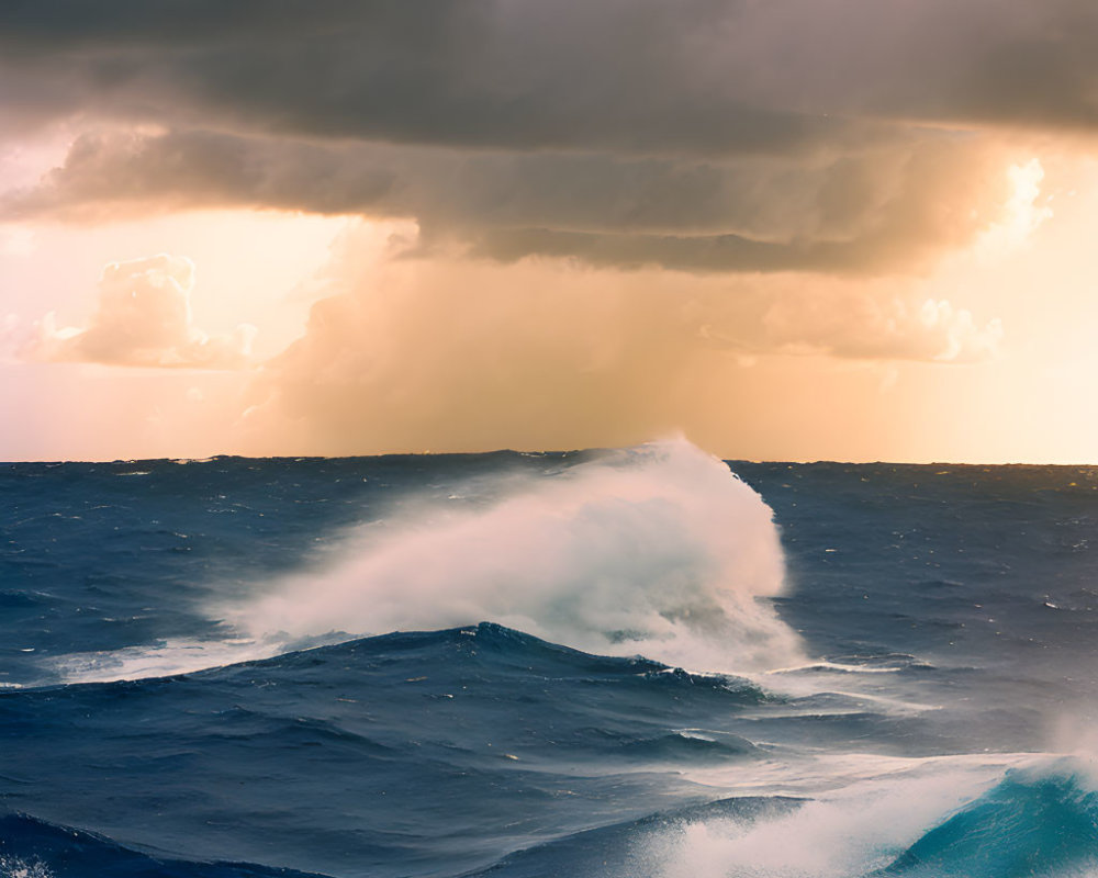 Dramatic Ocean Scene: Heavy Waves, Dark Clouds, Sunlight Contrast