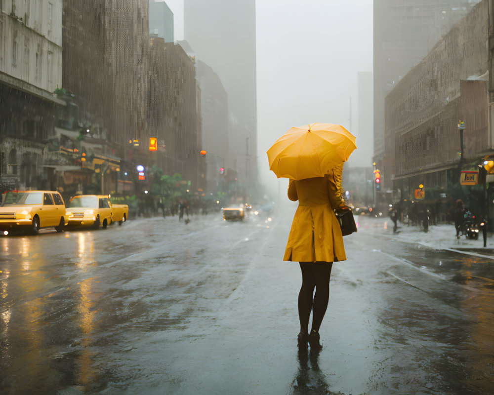 Yellow umbrella and coat in urban street on foggy day with cabs and traffic lights