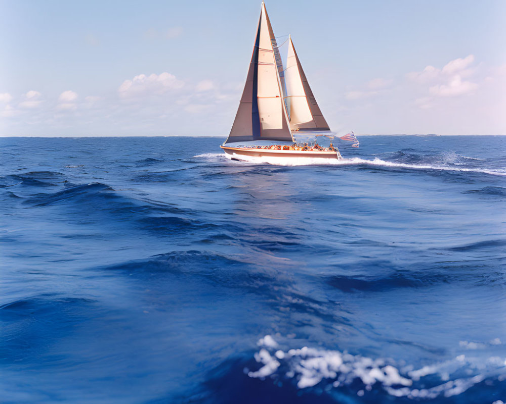 Sailboat with White Sails on Blue Ocean under Clear Sky