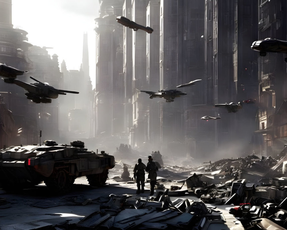 Dystopian cityscape with towering buildings, military aircraft, tank, and figures