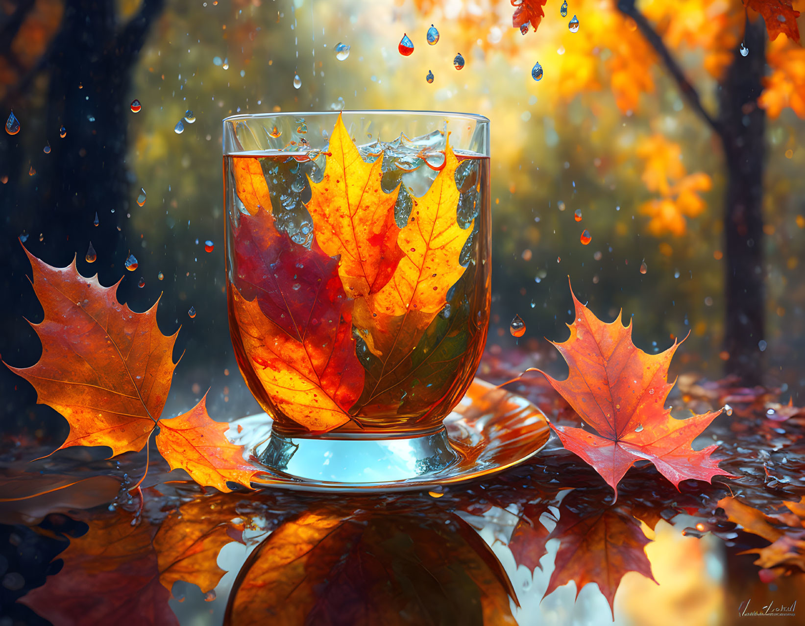 Colorful Autumn Leaves in Transparent Glass Reflecting on Wet Surface with Raindrops