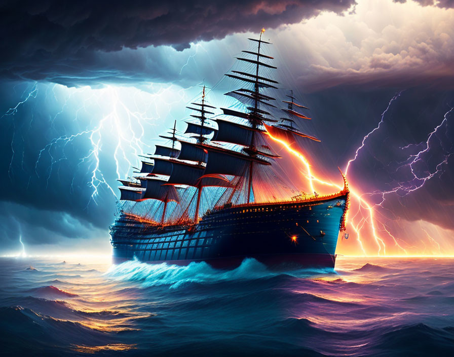 Majestic tall ship sailing through turbulent seas under stormy sky